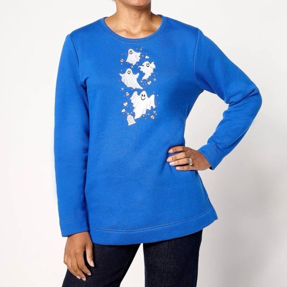 QVC Quacker Factory All Stacked Up Halloween Ghosts Embroidered Sweatshirt 1X
